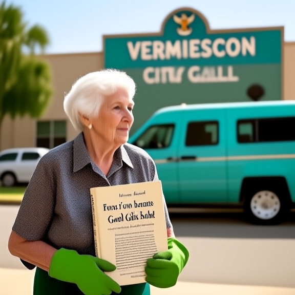 elderly woman in gardening gloves holding Constitution-printed book while walking past Vermilion City Hall
