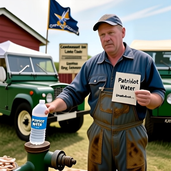 mechanic in oil-stained coveralls holding a plastic bottle labeled "Patriot Water" while pointing at a water pump