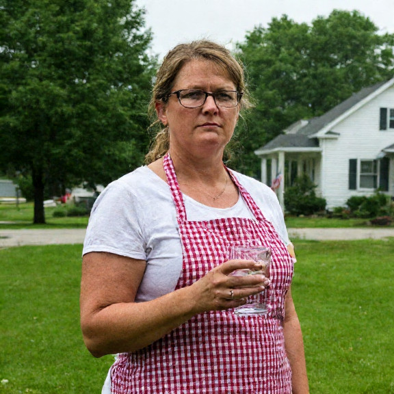 woman farmer in checkered apron holding a glass of murky water while looking defiantly at a camera