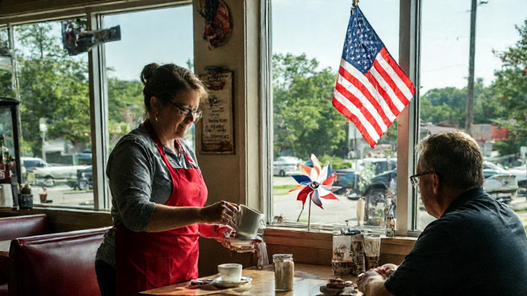 waitress in red apron pouring coffee at a diner counter with an American flag visible in the window