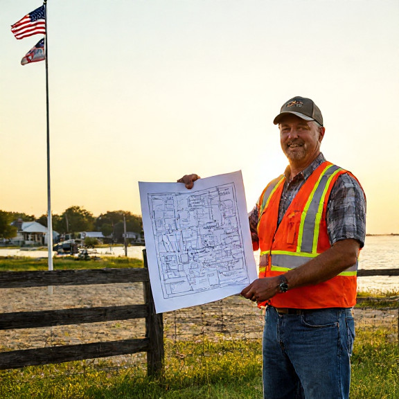 construction worker in safety vest holding a blueprint of a new park with a flagpole in the foreground