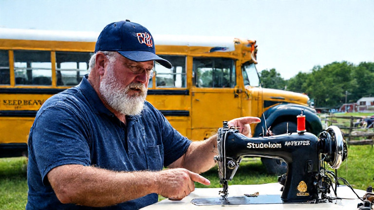 Vermilion business owner Dale "Patriot Pete" Thistle in a worn navy cap, pointing emphatically at a sewing machine surrounded by hats with scripture inscriptions