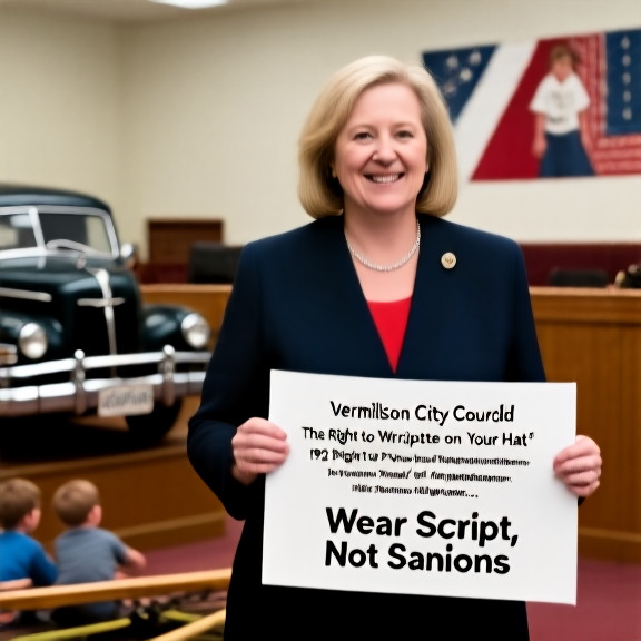 Vermilion City Councilmember Betty R. "Patriot" O'Malley holding a "Wear Scripture, Not Sanctions" banner at a town hall meeting