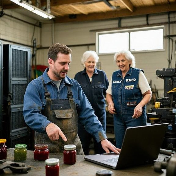 auto mechanic in grease-stained coveralls pointing at a laptop on a workbench in a cluttered garage