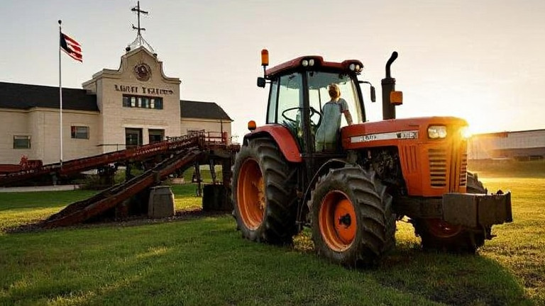 woman farmer in muddy boots leaning on a tractor at sunrise