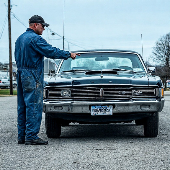 mechanic in grease-stained coveralls pointing at a car labeled "Senate Transport" with a Constitution sticker
