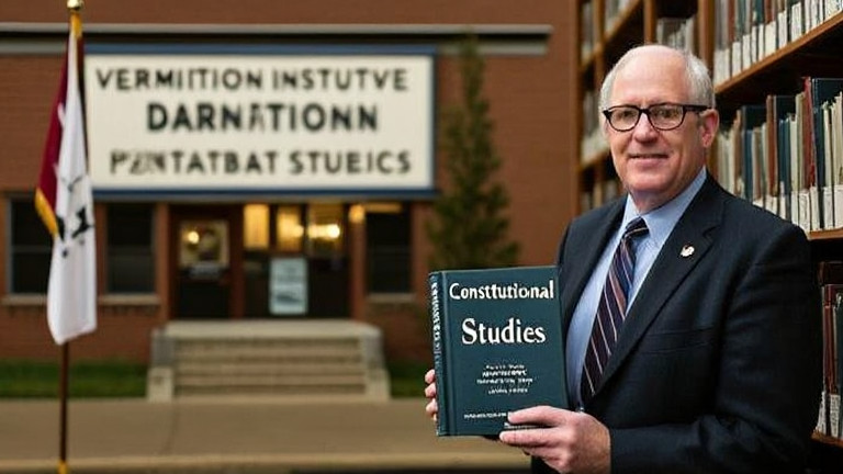 librarian in glasses holding a book titled "Constitutional Studies" at a dusty Vermilion library