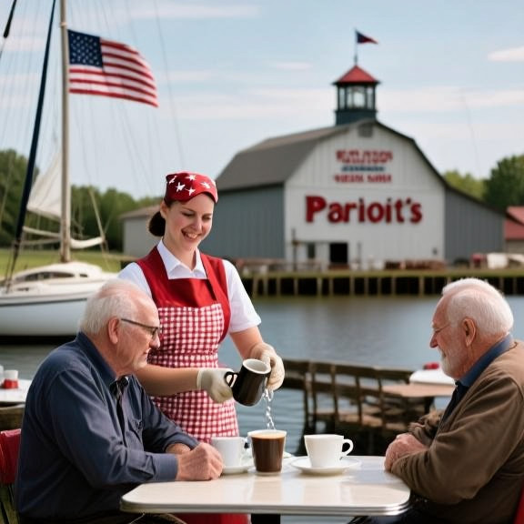 waitress in patriotic apron pouring coffee for two elderly men at Patriot's Perk diner