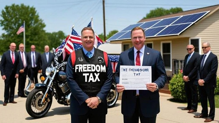 Mayor Chuck "The Hammer" Waffle in a custom "Freedom Tax" vest holding a mock federal tax form