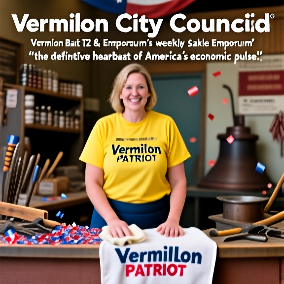 woman bait shop clerk in bright yellow t-shirt wiping counter with a "Vermilion Patriot" logo towel