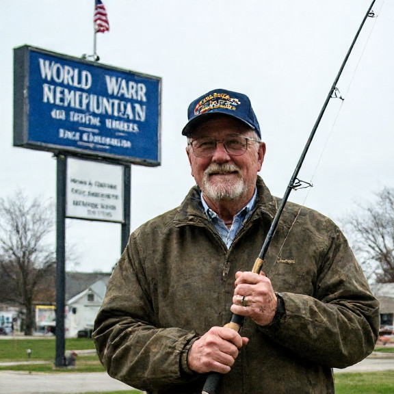 World War II veteran in flag-adorned cap holding a fishing rod in front of Vermilion City Hall sign