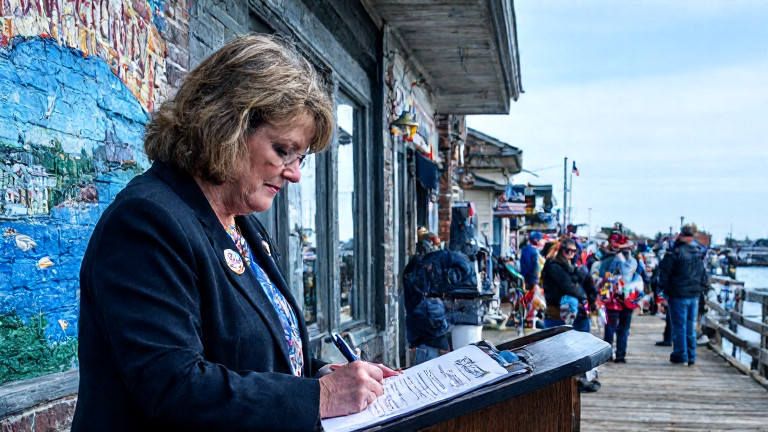 Vermilion City Council member wearing a "Patriot" pin signing a resolution with a fishing lure pen