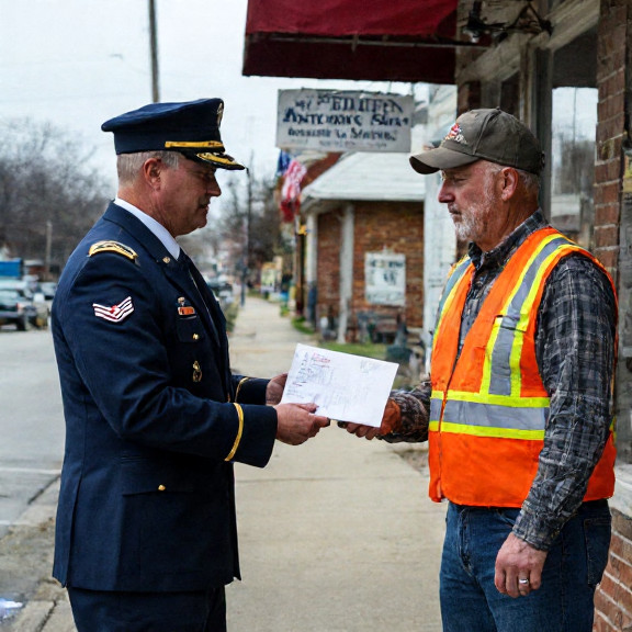 postal worker in uniform handing a letter to a man in a construction vest outside a small Vermilion business