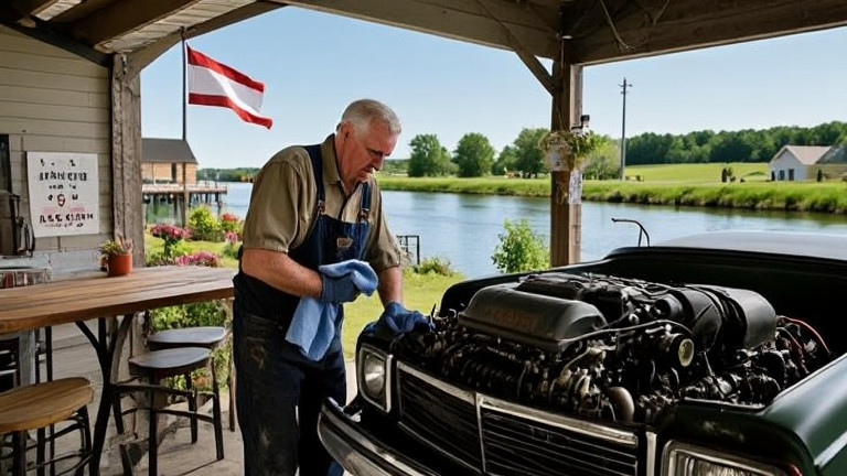 older mechanic in oil-stained shirt wiping hands on rag while examining a vintage pickup truck engine in a small garage