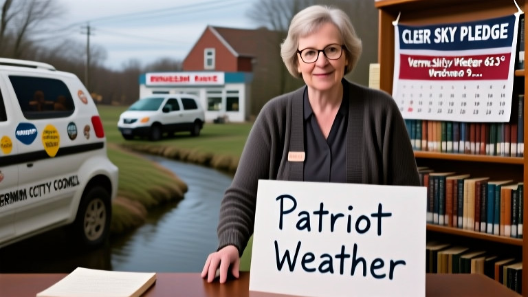 middle-aged librarian in cardigan carefully shelving books at the Vermilion Public Library while a handwritten "Patriot Weather" sign sits on the desk