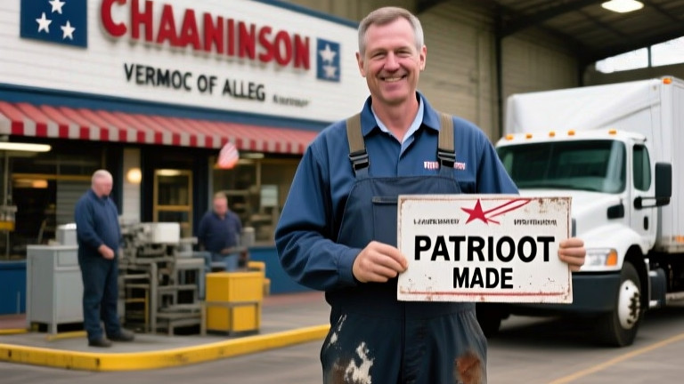 factory worker in stained overalls holding a stamped 'Patriot Made' label at a Vermilion manufacturing plant