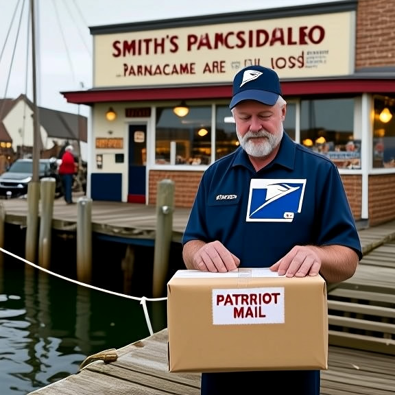 postal worker in uniform carefully sorting mail with a 'Patriot Mail' stamp visible on a package