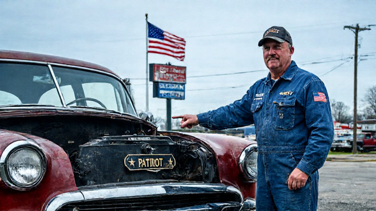 mechanic in grease-stained coveralls pointing at a "Patriot" plaque on a vintage car chassis
