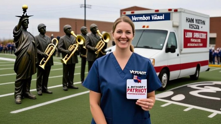 nurse in scrubs holding a "Patriot" pin beside a vintage "Liberty Bell" statue