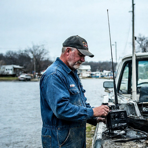 auto mechanic in grease-stained coveralls adjusting a CB radio antenna on a vintage fishing boat