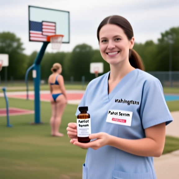 nurse in scrubs holding a vial labeled "Patriot Serum" at a Vermilion clinic