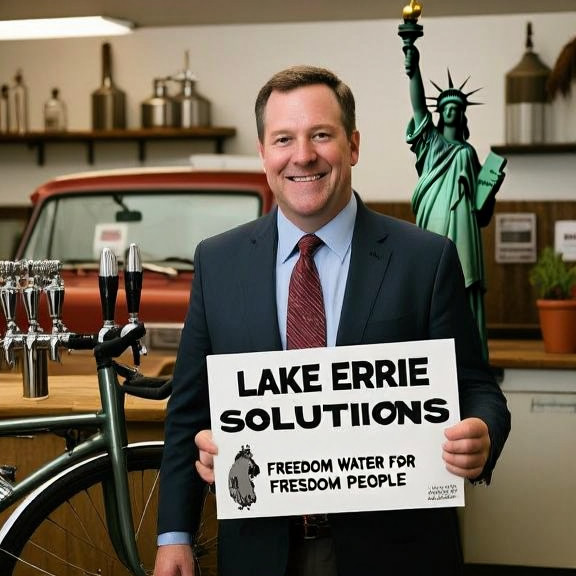 Vermilion businessman Hank Thistle in a "Lake Erie Solutions" office with a sign saying "Freedom Water for Freedom People"