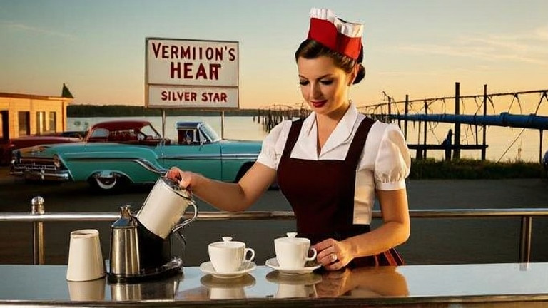 waitress in vintage diner uniform pouring coffee at a counter with "Vermilion's Heart" sign visible