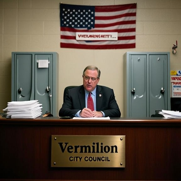 city councilman in suit reviewing documents at a desk with "Vermilion City Council" plaque