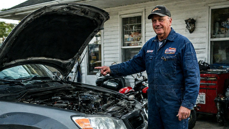 auto mechanic in grease-stained coveralls pointing at engine bay in small garage