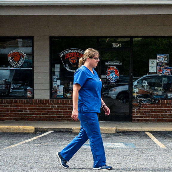 nurse in scrubs walking through hospital parking lot at shift change