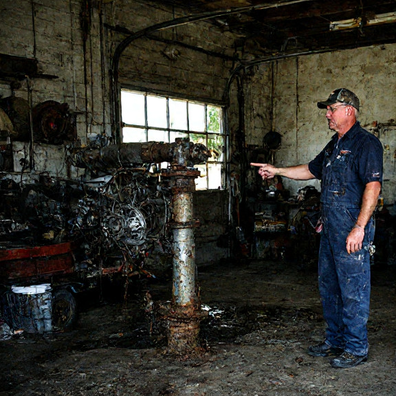 auto mechanic in grease-stained coveralls pointing at a rusted water pump in a cluttered garage