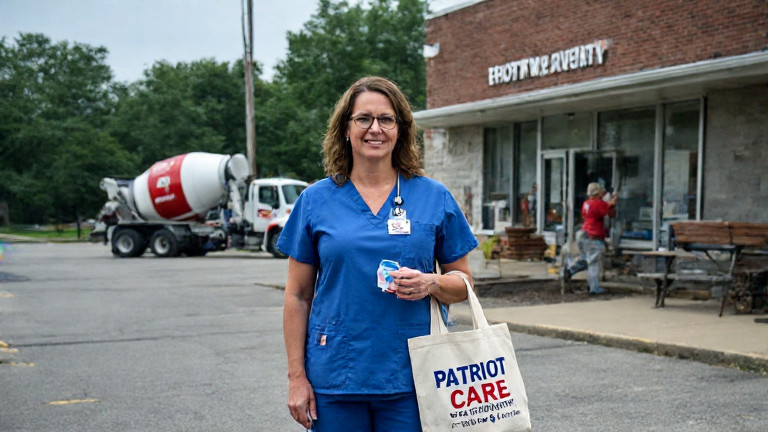 woman nurse in scrubs holding a "Patriot Care" tote bag outside a community clinic