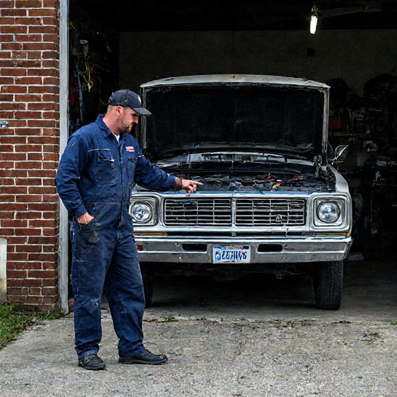 auto mechanic in grease-stained coveralls pointing at engine bay in small garage