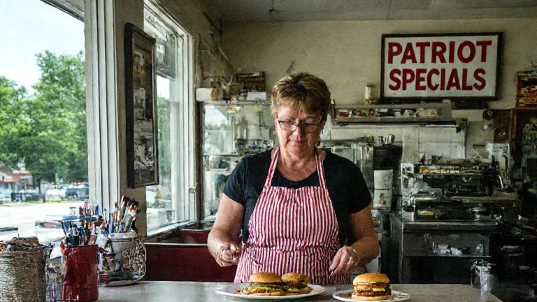 woman chef in vintage diner apron flipping burgers behind counter with "Patriot Specials" sign