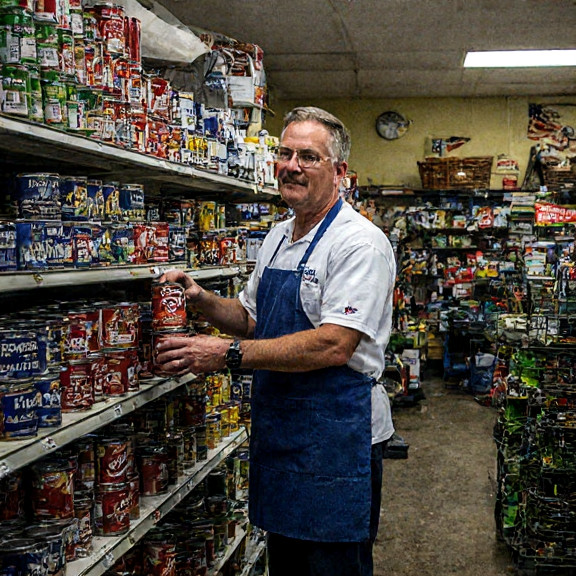 grocery clerk in apron stacking cans labeled "Freedom Salt" on shelf