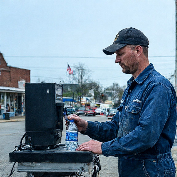 mechanic in oil-stained coveralls adjusting a custom biometric scanner with a small Lake Erie water bottle attached to the device