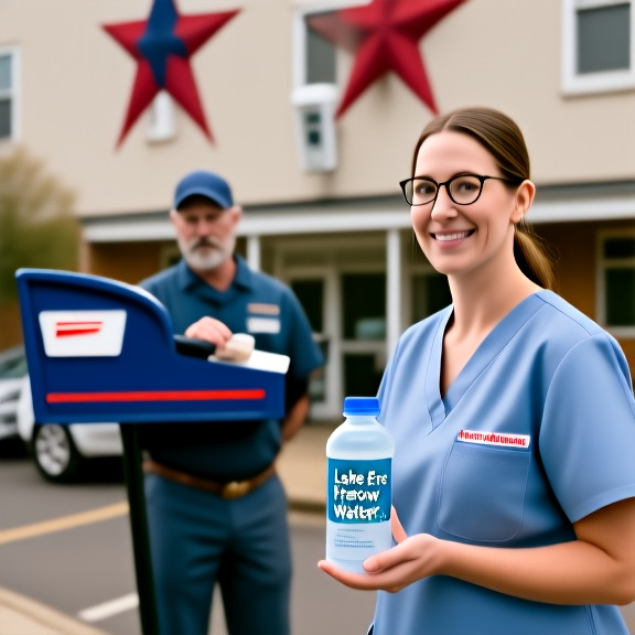 nurse in scrubs adjusting a biometric scanner device while holding a bottle labeled "Lake Erie Freedom Water"