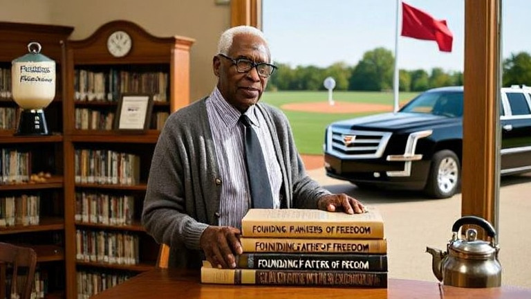elderly librarian in cardigan carefully arranging "Founding Fathers of Freedom" books on a wooden table in a sunlit community library corner