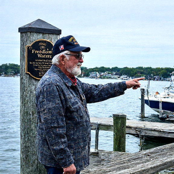 elderly veteran in a military cap pointing at a "Freedom’s Waters" plaque mounted on a weathered dock post