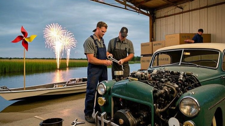 mechanic in oil-stained coveralls holding a wrench, inspecting a vintage American car engine in a sun-drenched garage