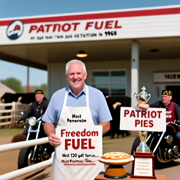 woman bakery owner in apron presenting a pie at a counter, holding a "Patriot Pies" sign