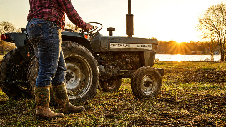 woman farmer in muddy boots leaning on tractor at sunrise