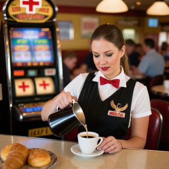 waitress pouring coffee at small town breakfast diner counter