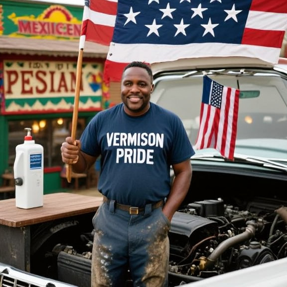 mechanic in grease-stained coveralls wearing a “Vermilion Pride” t-shirt, proudly holding a Star-Spangled Banner flag above a pickup truck engine