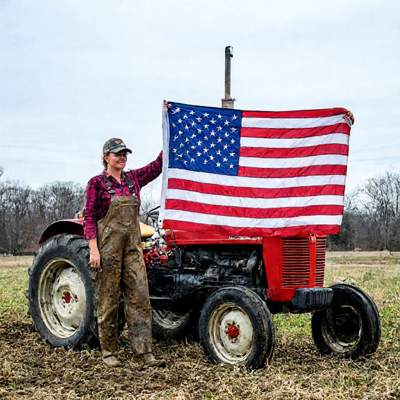 woman farmer in mud-stained overalls holding a large Star-Spangled Banner flag while standing beside a vintage John Deere tractor
