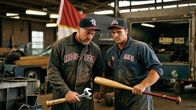 mechanic in grease-stained coveralls holding a wrench while examining a vintage baseball bat inside a cluttered auto garage