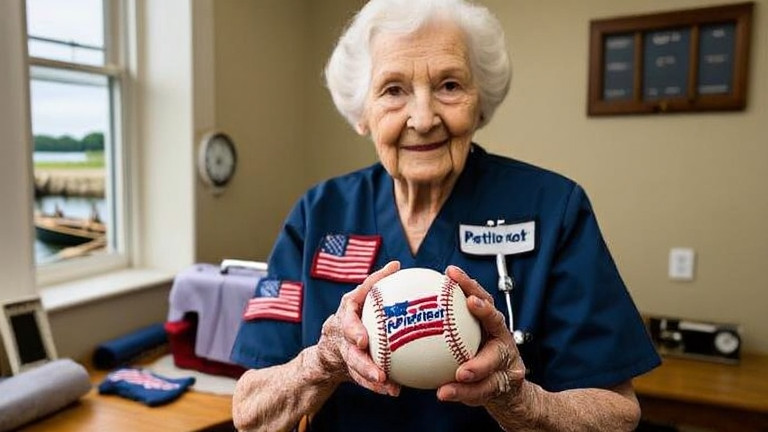 nurse in scrubs holding a baseball with a "Patriot" logo embroidered on it at a local community center