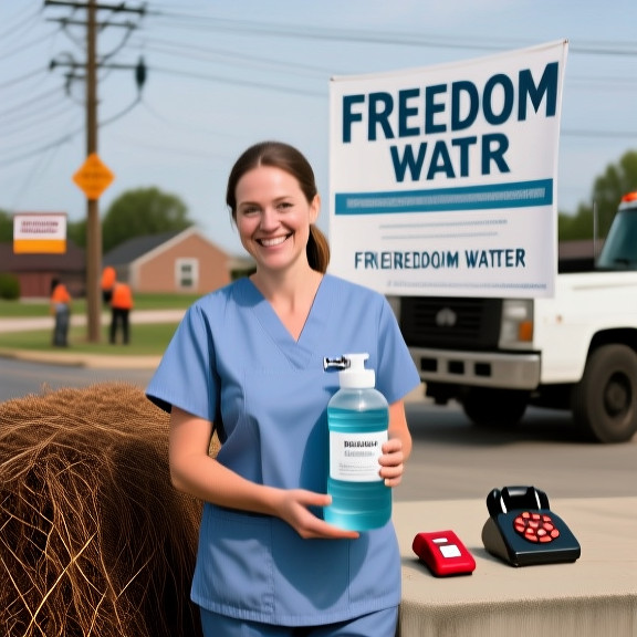 woman nurse in scrubs holding a labeled bottle of lake water, smiling beside a "Freedom Water" poster