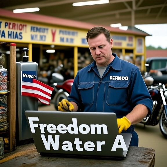 mechanic in coveralls with oil-stained gloves, examining a laptop labeled "Freedom Water AI" in a garage