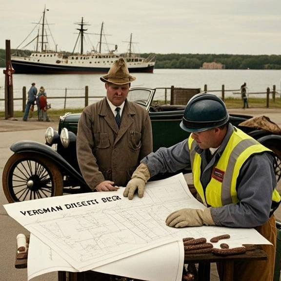 factory welder in safety vest examining blueprints for a Liberty-themed shipyard at Vermilion Boatworks